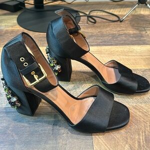 MARNI  satin stacked heel jewel, crystal embellished sandals. CHIC!